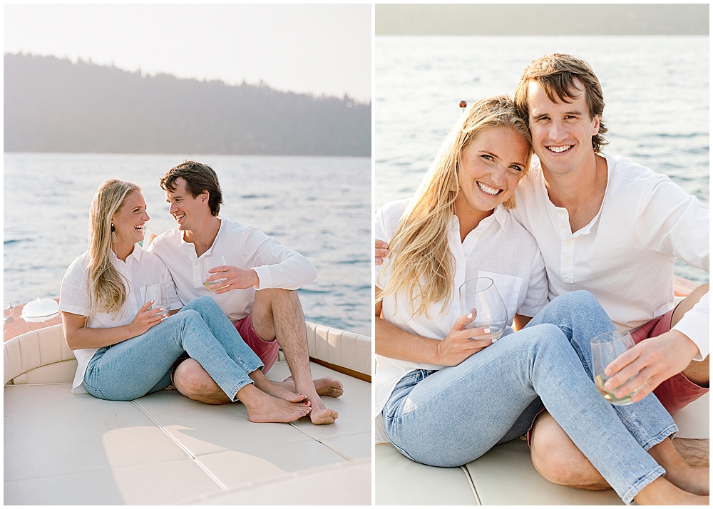 bride and groom on boat in Lake Tahoe