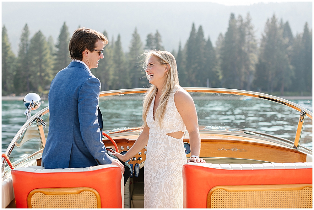 Bride and groom on boat in Lake Tahoe