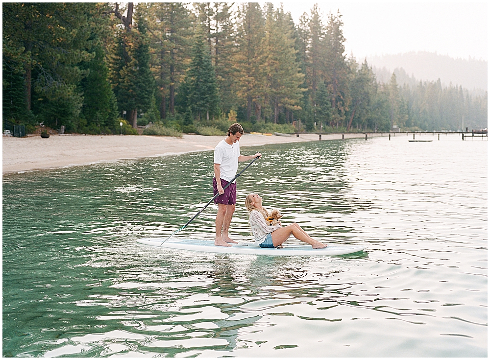 Bride and Groom pabble boarding in lake tahoe