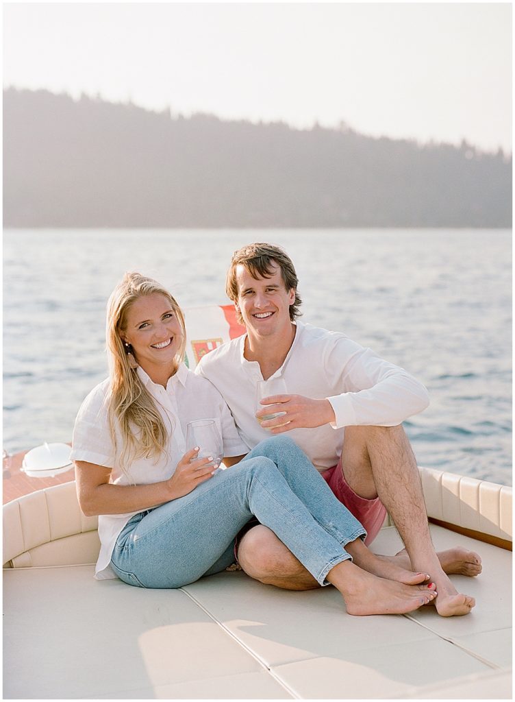bride and groom on boat in Lake Tahoe